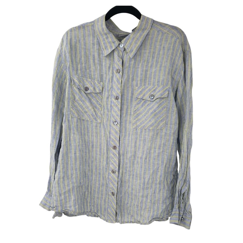 CHICO'S Striped Button Down Linen Top Womens Size Large L (Chico's 2)